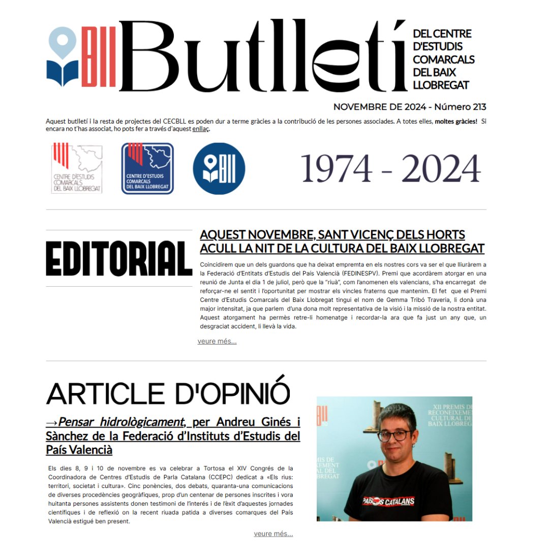 Centre d'Estudis Comarcals del Baix Llobregat (@cecbll) on Twitter photo 📰 Ja ha sortit l'última edició del Butlletí del CECBLL, número 213. Aquesta edició està dedicada al riu i l'aigua i compta amb amb una menció especial als Premis i al 50è aniversari.
🔗Podeu llegir-lo aquí:clickacm.com/show/o2leRknu8… 📰 Ja ha sortit l'última edició del Butlletí del CECBLL, número 213. Aquesta edició està dedicada al riu i l'aigua i compta amb amb una menció especial als Premis i al 50è aniversari.
🔗Podeu llegir-lo aquí:clickacm.com/show/o2leRknu8…