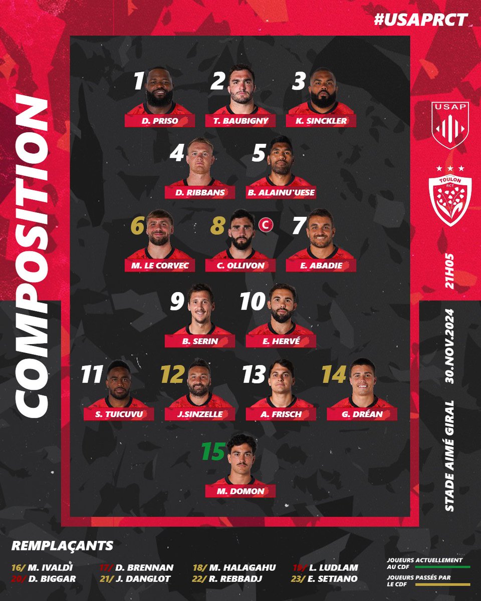 RCTofficiel's tweet image. ⚔ 𝐋𝐀 𝐂𝐎𝐌𝐏𝐎 ⚔

©️ Capt&apos;ain Ollivon
🔙 Frisch de retour
🤝 Serin-Hervé à la charnière

Voici les 2️⃣3️⃣ 🔴&amp;amp;⚫ pour affronter l&apos;@usap_officiel ce samedi soir au Stade Aimé Giral !

#ParceQueToulon #USAPRCT