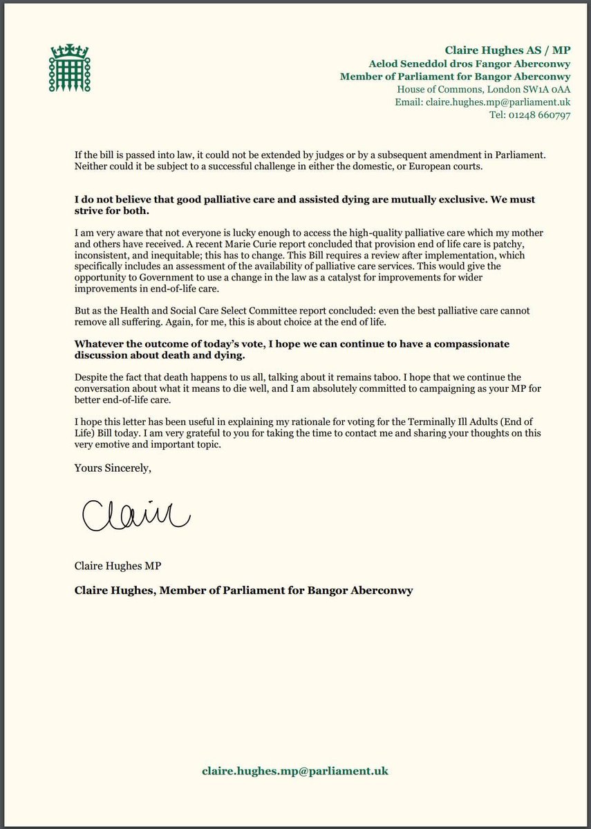 My letter on the Terminally Ill Adults (End of Life) Bill. I will be voting in favour and wanted to share my reasons why. 

Fy llythyr ar y Bil Oedolion â Salwch Terfynol (Diwedd Oes). Byddaf yn pleidleisio o blaid ac roeddwn am rannu fy rhesymau pam.
