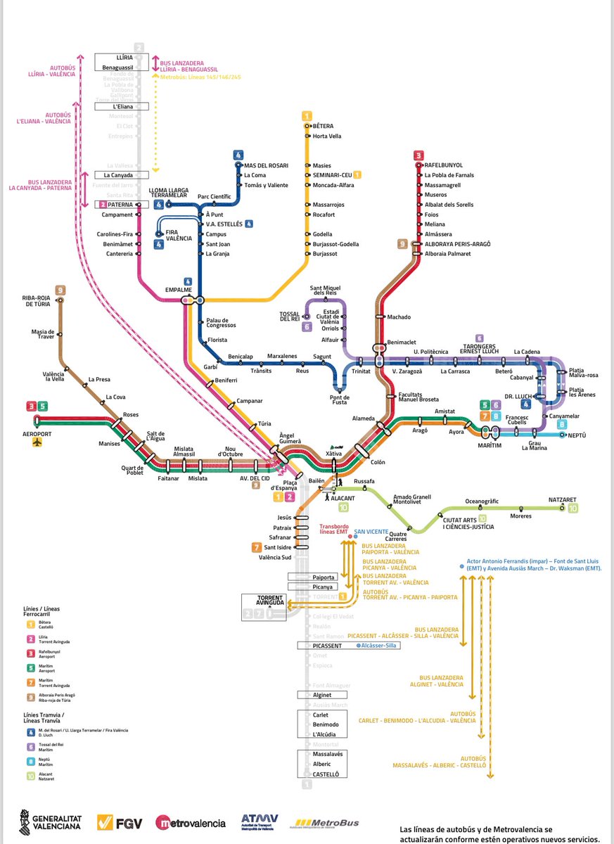 📢 Dimarts 3 de desembre es reobri gran part de la xarxa de @metrovalencia_fgv.

✅ Línies operatives, excepte:
• València Sud-Castelló (inundacions).
• Paterna-Llíria (obres a Fuente del Jarro).

🚋 Es reforcen línies substitutives a més de la xarxa de tramvia

🤲Gràcies per
