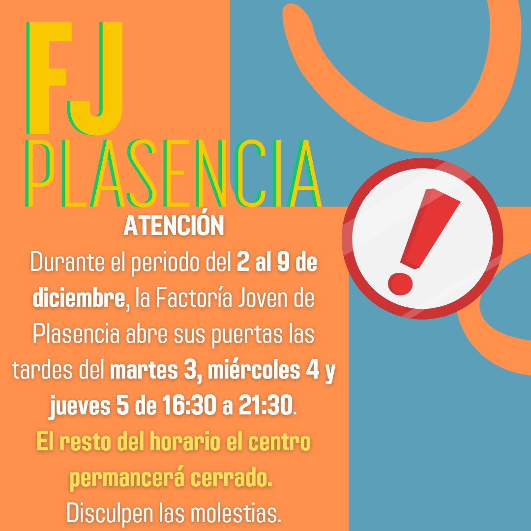 ATENCIÓN

Durante el periodo del 2️⃣ al 9️⃣ de diciembre, la Factoría Joven de Plasencia abre sus puertas las tardes del martes 3️⃣, miércoles 4️⃣ y jueves 5️⃣ de 1️⃣6️⃣:3️⃣0️⃣ a 2️⃣1️⃣:3️⃣0️⃣.

El resto del horario el centro permancerá cerrado. 

Disculpen las molestias.