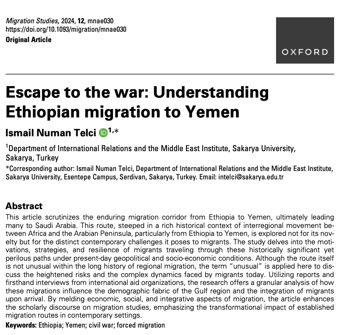 Migration Studies (@migrationjrnl) on Twitter photo What contemporary challenges do migrants face along the historically significant Ethiopia-Yemen migration corridor? <a href="/numanis/">Ismail Numan Telci</a> uncovers how these migrations influence the demographic fabric of the Gulf region and the integration of migrants upon arrival.
doi.org/10.1093/migrat… What contemporary challenges do migrants face along the historically significant Ethiopia-Yemen migration corridor? <a href="/numanis/">Ismail Numan Telci</a> uncovers how these migrations influence the demographic fabric of the Gulf region and the integration of migrants upon arrival.
doi.org/10.1093/migrat…
