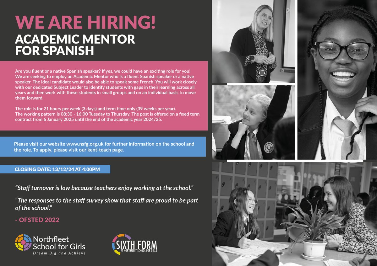 WE ARE HIRING!

Are you a fluent or native Spanish speaker? Take a look at our new role below!

To learn more about the role, and to apply please visit here: kent-teach.com/Recruitment/Va…

#kentjobs #jobsinkent #kentteach #gravesham #gravesend #northfleet