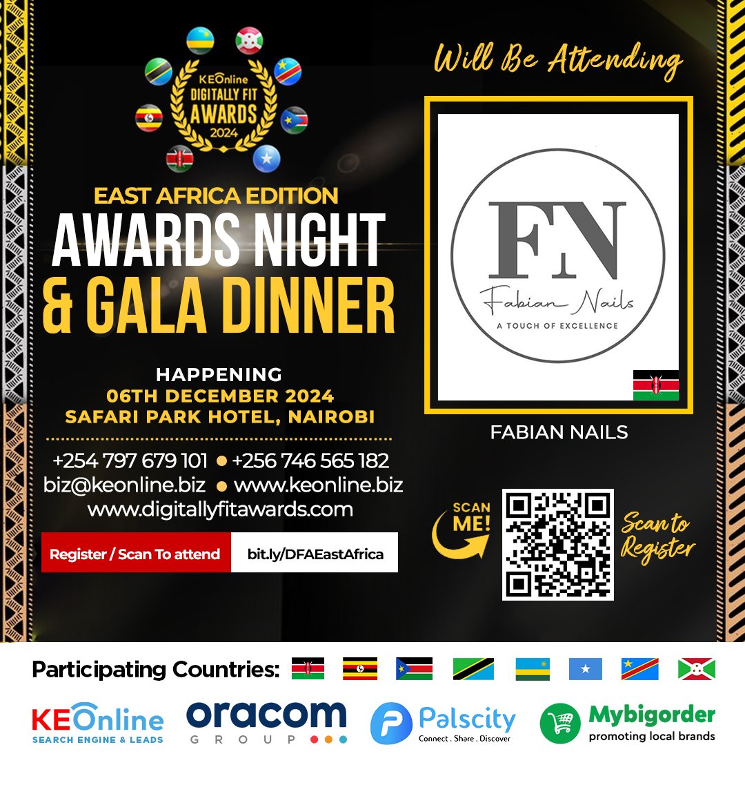 The stage is set, East Africa! Let’s celebrate innovation at the DIGITALLY FIT AWARDS East Africa on 6th December <a href="/safariparkhotel/">safari park</a> . Secure your spot now: bit.ly/DFAEastAfrica.  Designs: bit.ly/4frjpo5. #DigitallyFitAwardsEastAfrica
Digitally Fit Awards 
<a href="/fabiannails/">Fabian Nails</a>