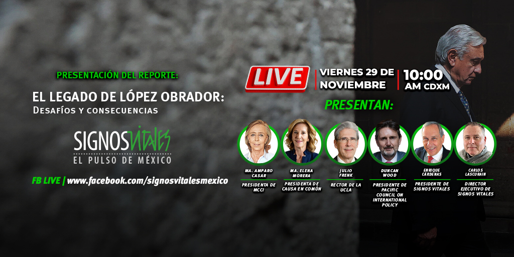 Signos Vitales México (@vitales_signos) on Twitter photo 📛 Es hoy, ¡conéctate!
➡️ 10:00 hr
➡️ FB LIVE: facebook.com/signosvitalesm…
Presentación del reporte de <a href="/vitales_signos/">Signos Vitales México</a>
"El legado de López Obrador"
Presentan:
<a href="/MaElenaMorera/">Maria Elena Morera</a> <a href="/amparocasar/">Ma. Amparo Casar</a> <a href="/julio_frenk/">Julio Frenk</a> <a href="/AztecDuncan/">Duncan Wood</a> <a href="/ECardenasPuebla/">Enrique Cárdenas Sánchez</a> Carlos Lascurain 📛 Es hoy, ¡conéctate!
➡️ 10:00 hr
➡️ FB LIVE: facebook.com/signosvitalesm…
Presentación del reporte de <a href="/vitales_signos/">Signos Vitales México</a>
"El legado de López Obrador"
Presentan:
<a href="/MaElenaMorera/">Maria Elena Morera</a> <a href="/amparocasar/">Ma. Amparo Casar</a> <a href="/julio_frenk/">Julio Frenk</a> <a href="/AztecDuncan/">Duncan Wood</a> <a href="/ECardenasPuebla/">Enrique Cárdenas Sánchez</a> Carlos Lascurain