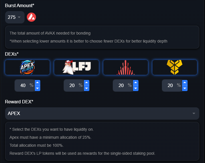 apex314_defi's tweet image. APEX BURST allows you to pick your favorite DEXs to launch on. 🚀

Apex Burst empowers you to tailor your token launch by selecting the amount of AVAX or ETH required to trigger your token’s "Burst." 

You can choose from a range of 50-2000 AVAX or 2-100 ETH to fund your token’s…