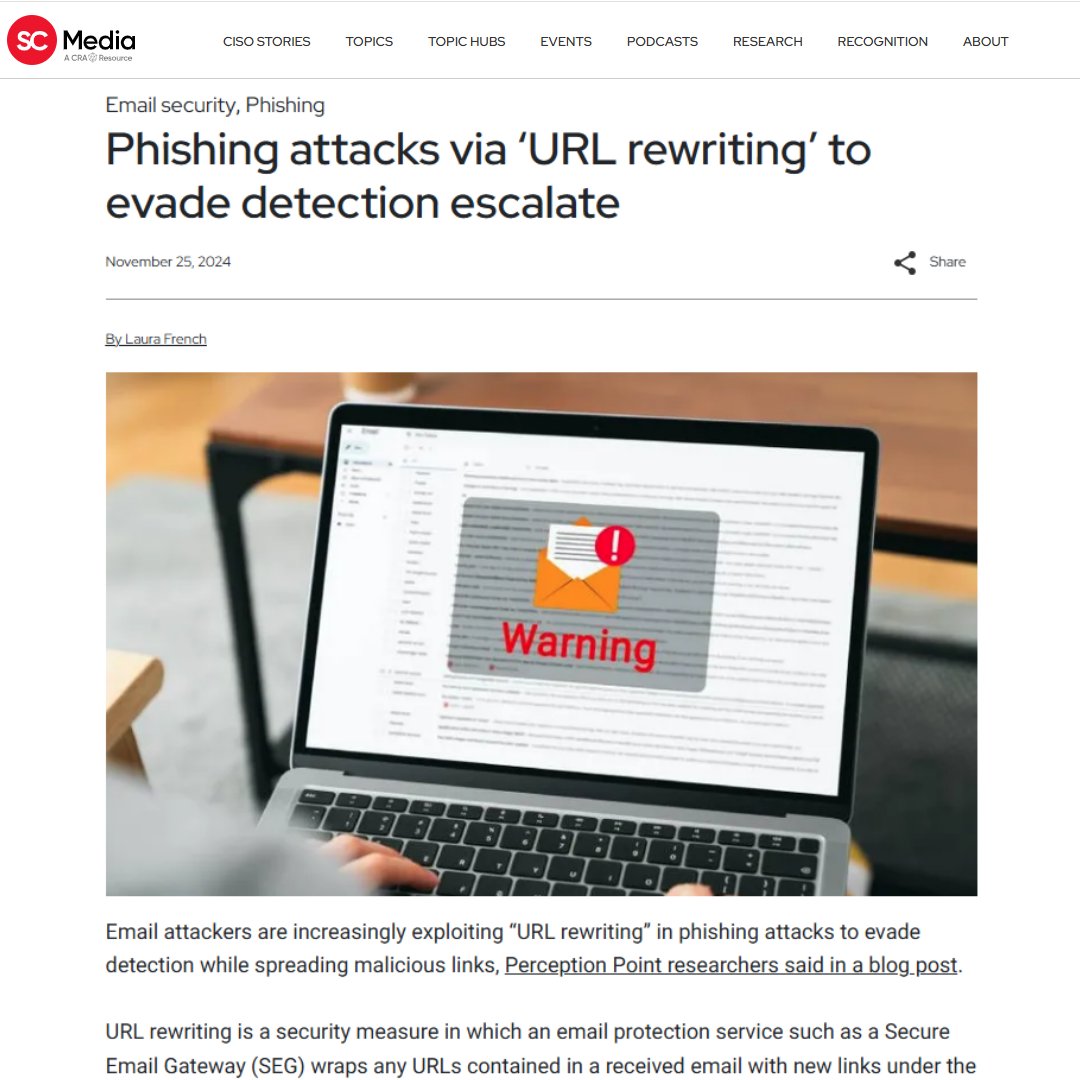 PerceptionPo1nt's tweet image. Phishing attacks using URL rewriting continue to rise. Attackers exploit SEGs and rewriting services to bypass scans, spread links, and hide intent with “double rewrite attacks.” Even protected links might not be safe. Read more: hubs.la/Q02ZGq8N0 H/T @SCMagazine
