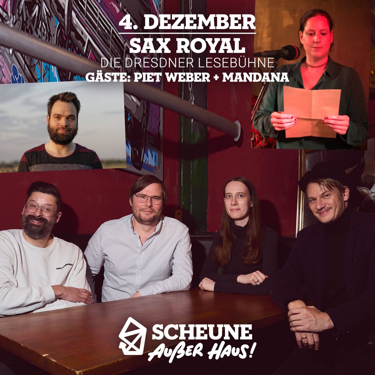 Während sich das restliche Dresden an scheußlichem Glühalkohol vergiftet, sorgt die Lesebühne Sax Royal am 4.12. für Spaß ohne Reue. Satirische Schärfe und poetische Feinheit! Gäste: Piet Weber + Mandana. Gruppenbild <a href="/FreezeFramePic/">Robby Klee </a> Tix scheune.org 🎫 <a href="/MichaelBittner/">Michael Bittner</a>