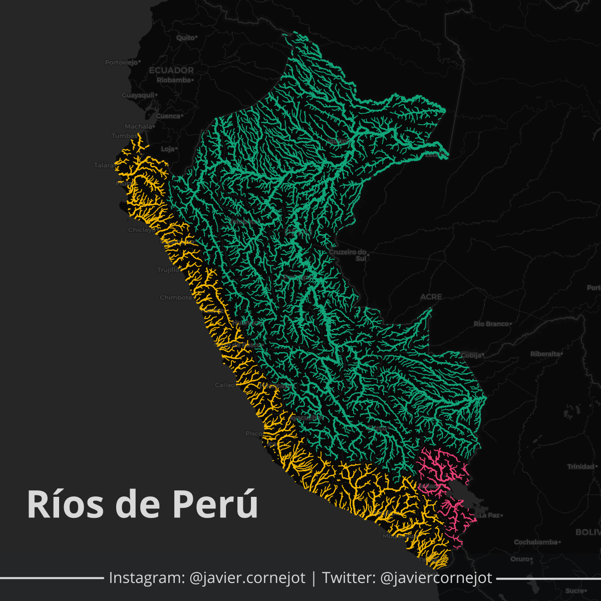 #30DayMapChallenge | Día 28 | El planeta azul.
Ríos de Perú coloreados según su cuenca.