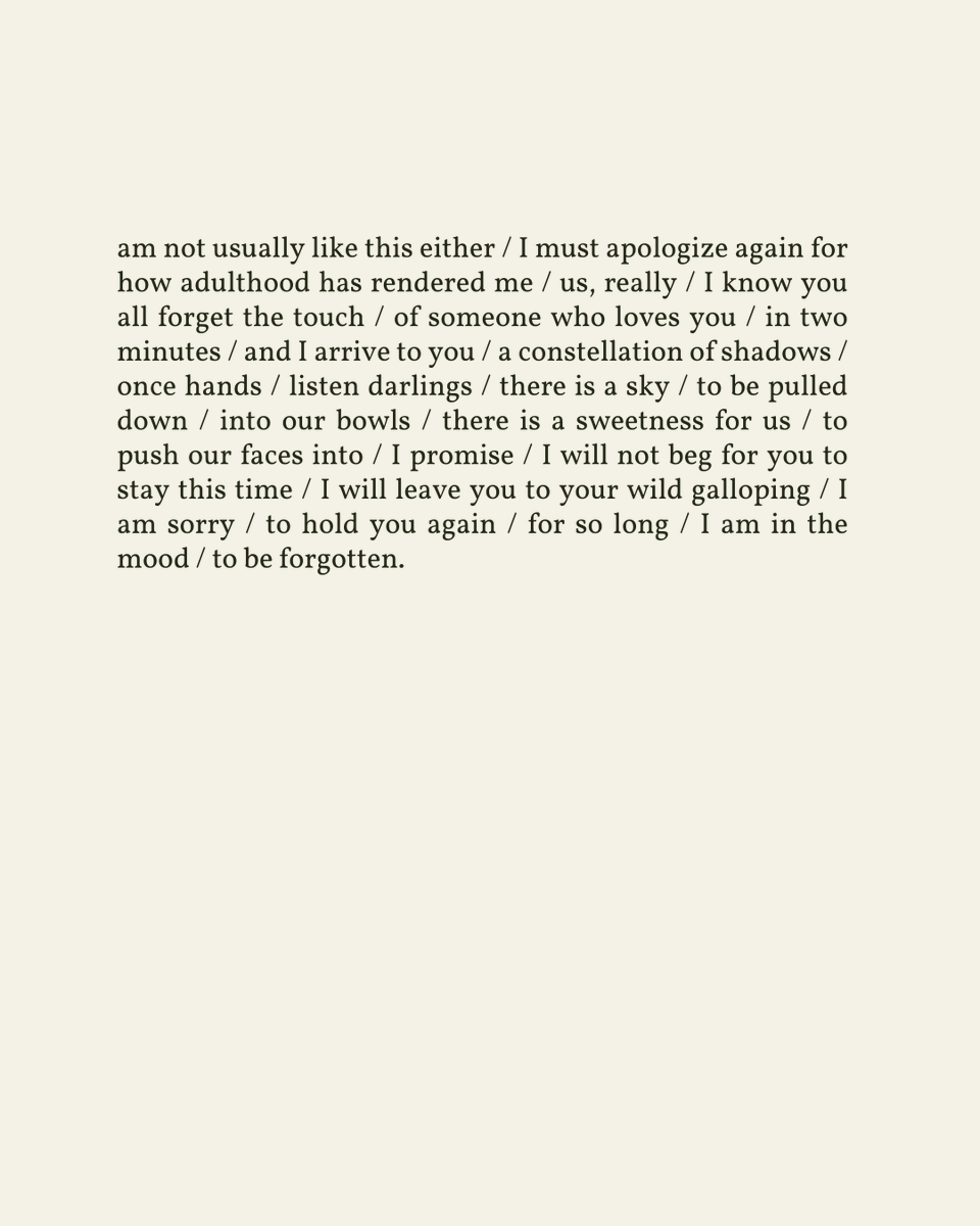 readalittlepoem's tweet image. “listen darlings / there is a sky / to be pulled down / into our bowls / there is a sweetness for us / to push our faces into / I promise”

— Hanif Abdurraqib