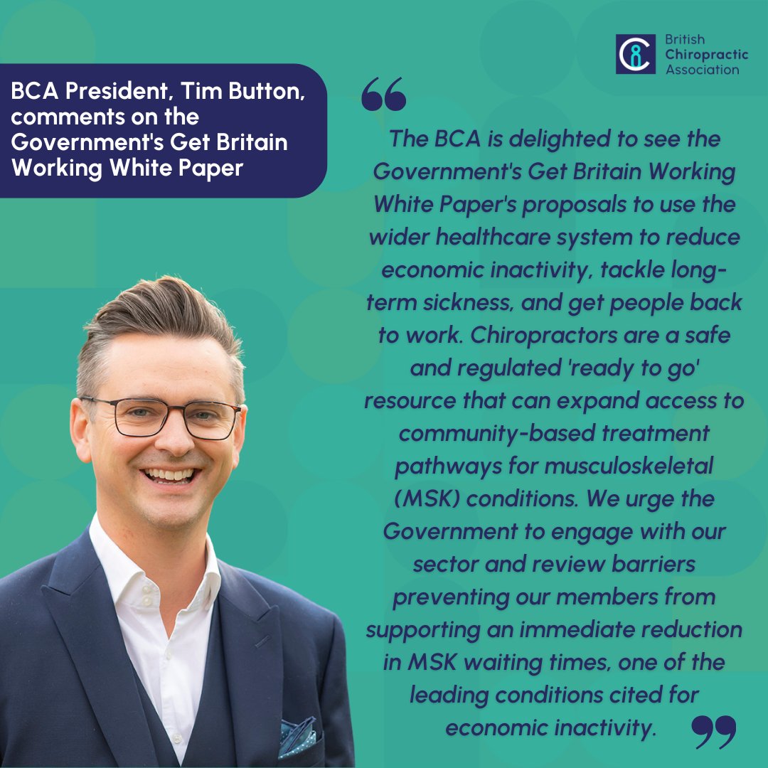 BCA (@chiropracticuk) on Twitter photo The BCA is delighted to see the <a href="/UKLabour/">The Labour Party</a> Government's Get Britain Working White Paper's proposals to use the wider healthcare system to reduce economic inactivity, tackle long-term sickness, and get people back to work. Read the paper here: assets.publishing.service.gov.uk/media/67448dd1… The BCA is delighted to see the <a href="/UKLabour/">The Labour Party</a> Government's Get Britain Working White Paper's proposals to use the wider healthcare system to reduce economic inactivity, tackle long-term sickness, and get people back to work. Read the paper here: assets.publishing.service.gov.uk/media/67448dd1…