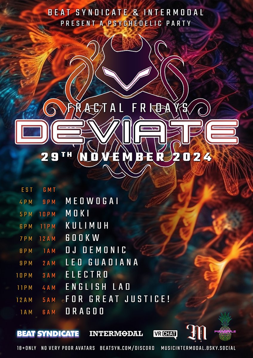TOTC (@djtotc) on Twitter photo Tonight at #DeviateVRC:
It gets a little snowy in the scrongly dimension for <a href="/beat_syn/">Beat Syndicate</a> and <a href="/MusicIntermodal/">INTERMꝊDAL Electronic Music</a>'s monthly collaboration! Tonight at #DeviateVRC:
It gets a little snowy in the scrongly dimension for <a href="/beat_syn/">Beat Syndicate</a> and <a href="/MusicIntermodal/">INTERMꝊDAL Electronic Music</a>'s monthly collaboration!