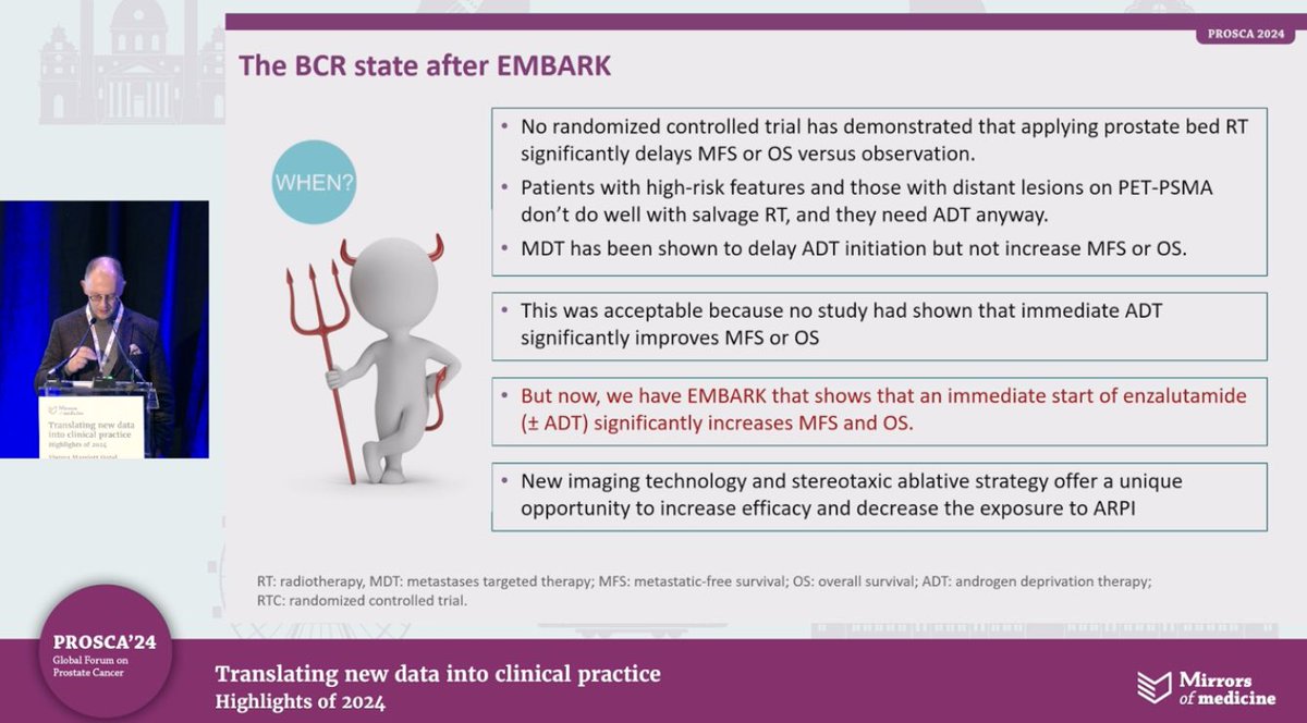 #PROSCA24 Should we EMBARK or not?
Insightful presentation by <a href="/BertrandTOMBAL/">tombal</a> 

‼️when a BCR patient needs systemic therapy: addition of Enza significantly improved MFS and OS‼️
✨toxicity is predictable 
✨toxicity with Enza monotherapy is not lower, it’s different