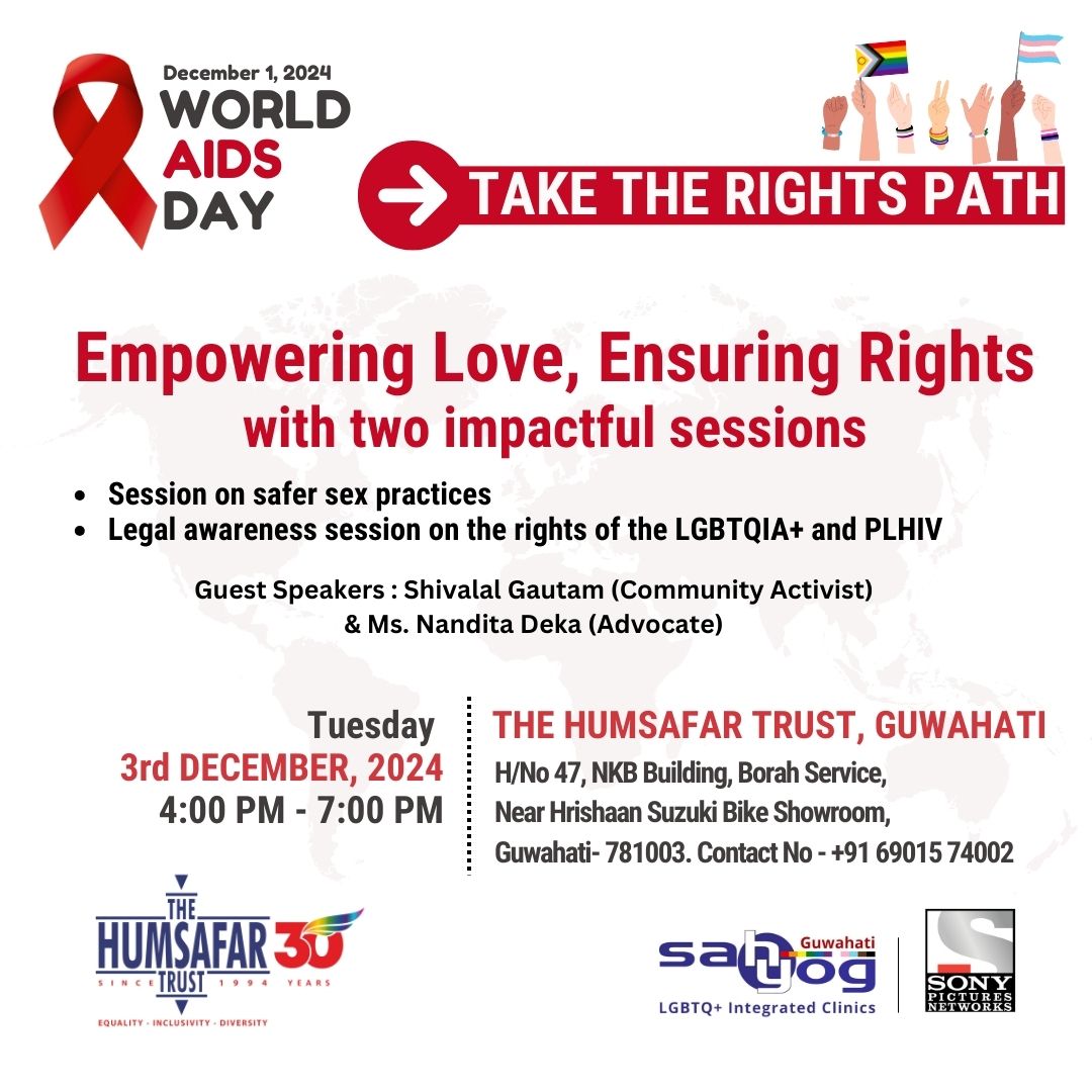 HumsafarTrust's tweet photo. #WorldAIDSDay2024: Take the Rights Path!

Join us on December 3rd for an enlightening evening of empowerment and awareness:
1. Session on safer sex practices
2. Legal awareness session on LGBTQIA+ and PLHIV rights

#TheHumsafarTrust #NETREACH #SAHYOGClinics https://t.co/aqoZitO5av
