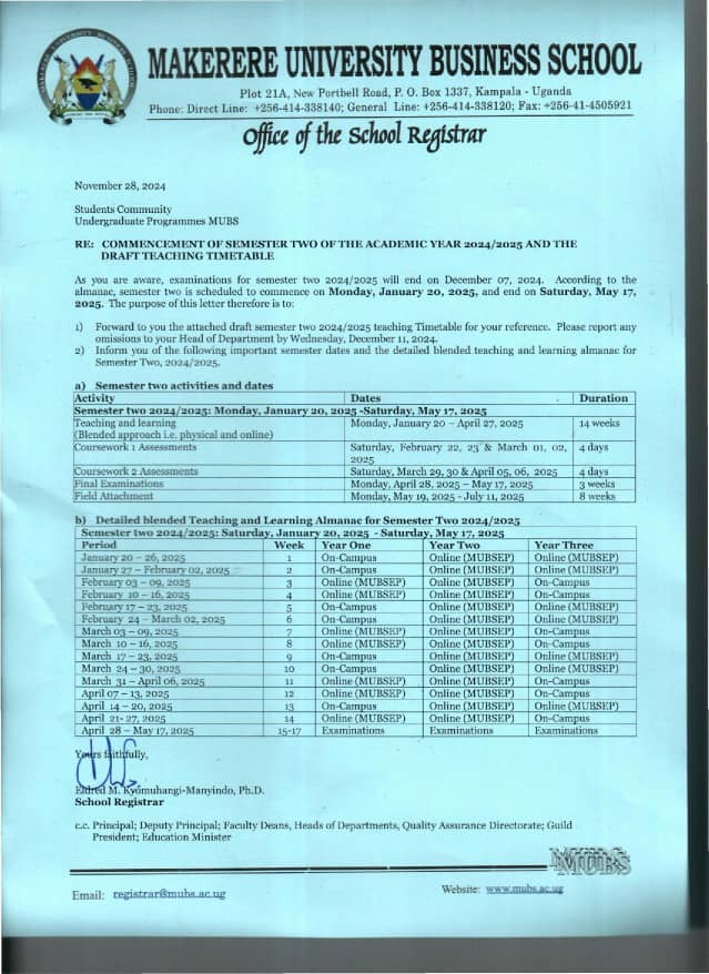 Makerere University Business School (@officialmubs) on Twitter photo The school registrar MUBS announces the commencement of Semester Two of Academic Year 2024/2025.
<a href="/RegistrarMubs/">SchoolRegistrar-MUBS</a> The school registrar MUBS announces the commencement of Semester Two of Academic Year 2024/2025.
<a href="/RegistrarMubs/">SchoolRegistrar-MUBS</a>