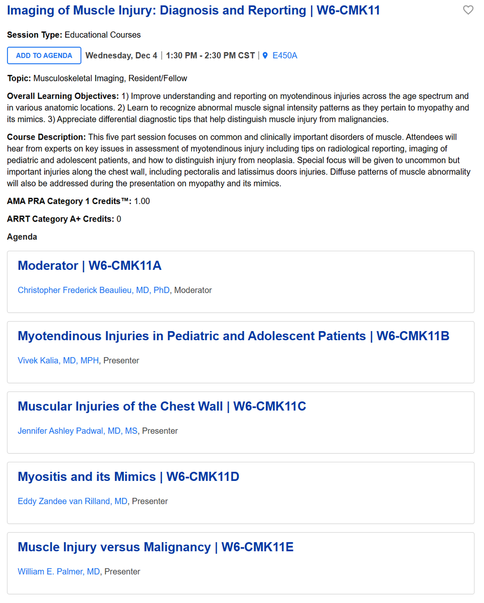 Excited about #RSNA2024 #RSNA24??  So am I!

I hope you'll join me for a presentation on Myotendinous Injuries in Pediatric and Adolescent Patients. 

I'll be speaking in the "Imaging of Muscle Injury: Diagnosis and Reporting" Educational Course.

Wed, Dec 4 from 1:30 PM - 2:30