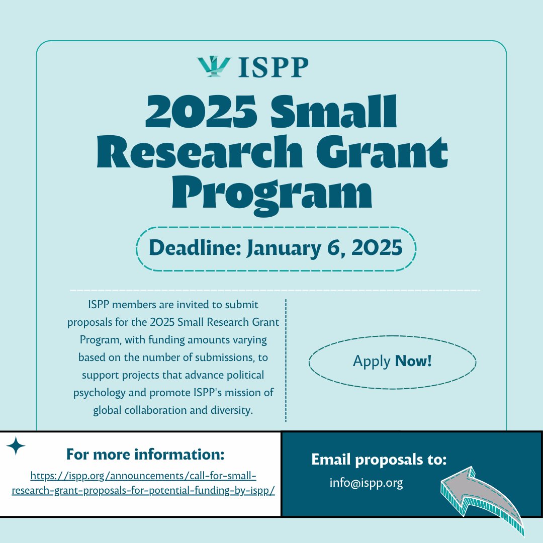 Just over a month left! #ISPP members, don’t miss the chance to apply for the 2025 Small Research Grant program. Support for research that advances #PoliticalPsychology is available!

📅 Deadline: January 6, 2025

More details here🔗: ispp.org/wp/wp-content/…