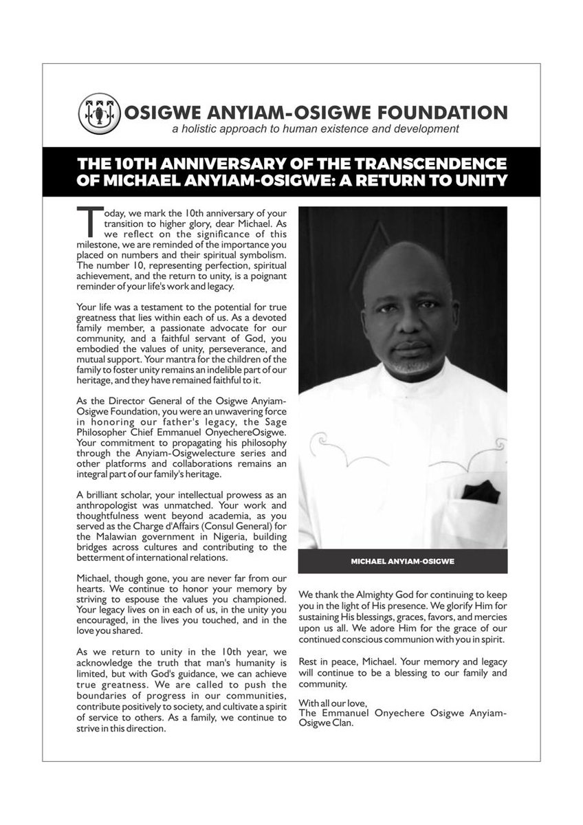 Official Statement from the Osigwe Anyiam-Osigwe Clan to mark the 10th Anniversary of the passing of Michael Anyiam-Osigwe