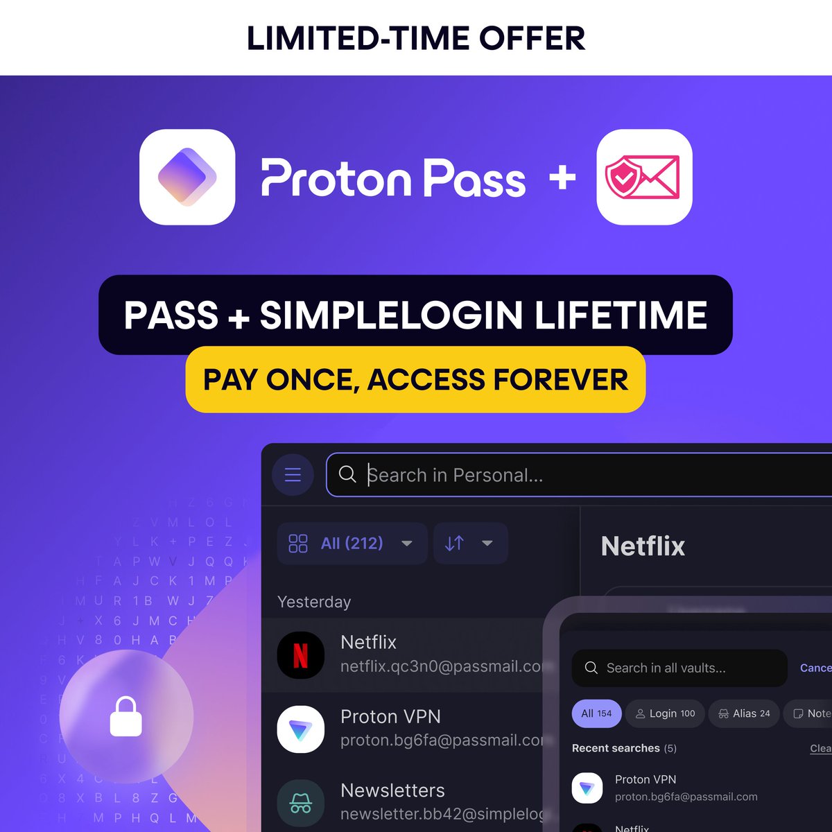 Proton_Pass's tweet image. #BlackFriday is here! With one payment you get #ProtonPass Plus and @SimpleLogin for life –  securely store and share passwords and protect your inbox from spam, forever. Don’t miss out - sale ends Dec 3. 

Discover our deals here 👇
proton.me/pass/black-fri…