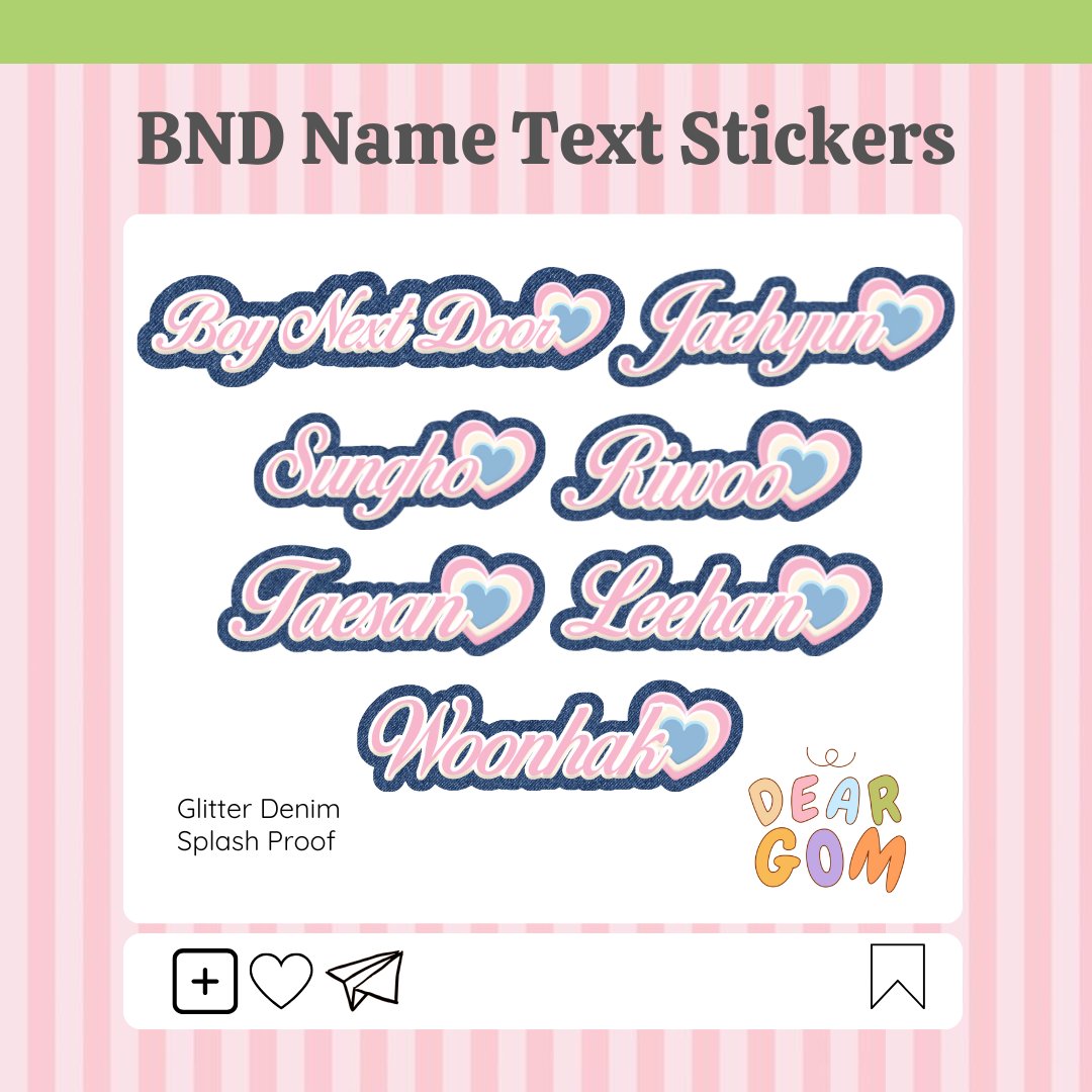 deargomph's tweet image. #gommiestickers 

🎧 boynextdoor name text stickers  

only 25 pesos each (available in holo dots pink and glitter denim)  

📷wts lfb anik anik stickers ph bnd boynextdoor jaehyun sungho riwoo taesan leehan woonhak