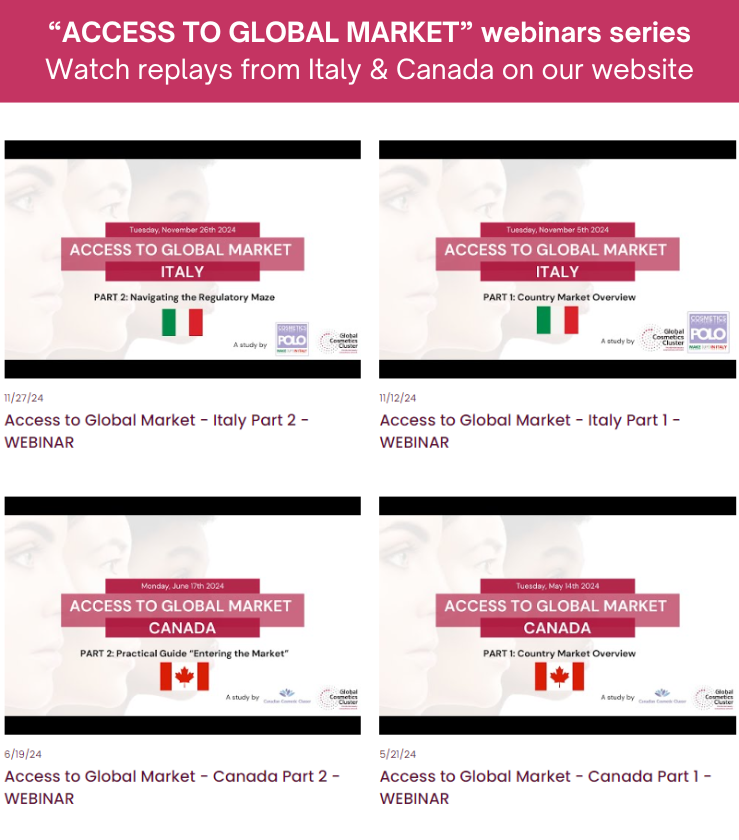 Global Cosmetics Cluster (@cosmetics_gcc) on Twitter photo Discover or rewatch all our "Access to Global Market" webinars in collaboration with <a href="/CanCosCluster/">CanadianCosmeticCluster</a> & Polo della Cosmesi on our website!
This series, created by GCC, is exploring the cosmetic industry's global landscape with our cluster members.
→ cosmetics-clusters.com/replays Discover or rewatch all our "Access to Global Market" webinars in collaboration with <a href="/CanCosCluster/">CanadianCosmeticCluster</a> & Polo della Cosmesi on our website!
This series, created by GCC, is exploring the cosmetic industry's global landscape with our cluster members.
→ cosmetics-clusters.com/replays