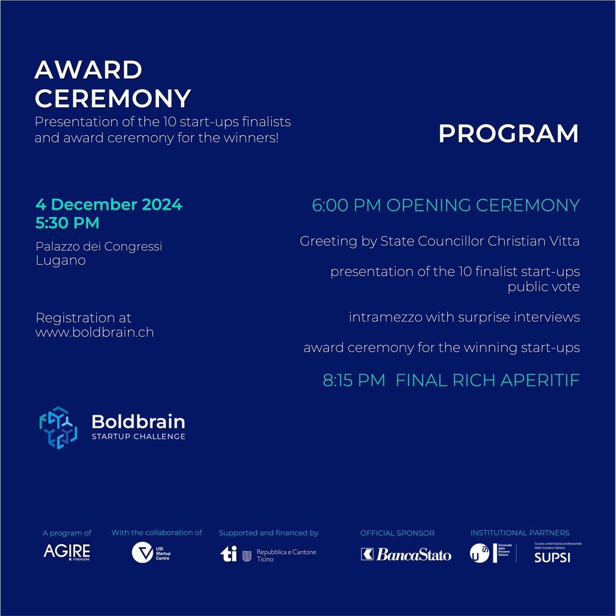 Boldbrain Startup Challenge (@boldbrainch) on Twitter photo ๐ Check out the program for our 2024 Award Ceremony!
Join us for a unique event showcasing exciting innovative projects across various fields! Get ready to discover the 10 finalists and vote for your favorite startup.
๐ Secure your spot now at lu.ma/award-bb24 ๐ Check out the program for our 2024 Award Ceremony!
Join us for a unique event showcasing exciting innovative projects across various fields! Get ready to discover the 10 finalists and vote for your favorite startup.
๐ Secure your spot now at lu.ma/award-bb24