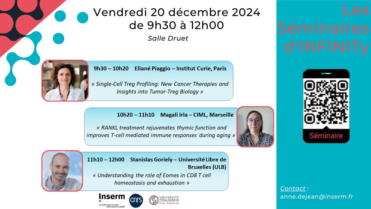 Infinity Toulouse (@infinitytls) on Twitter photo L'Institut INFINITy a le plaisir d'accueillir 👉Magali Irla 👉Eliané Piaggio 👉Stanislas Goriely, le vendredi 20 décembre de 9h30 à 12h00. Retrouvez toutes les informations utiles sur l'affiche jointe.  
Espérant vous voir nombreux !🙂 L'Institut INFINITy a le plaisir d'accueillir 👉Magali Irla 👉Eliané Piaggio 👉Stanislas Goriely, le vendredi 20 décembre de 9h30 à 12h00. Retrouvez toutes les informations utiles sur l'affiche jointe.  
Espérant vous voir nombreux !🙂