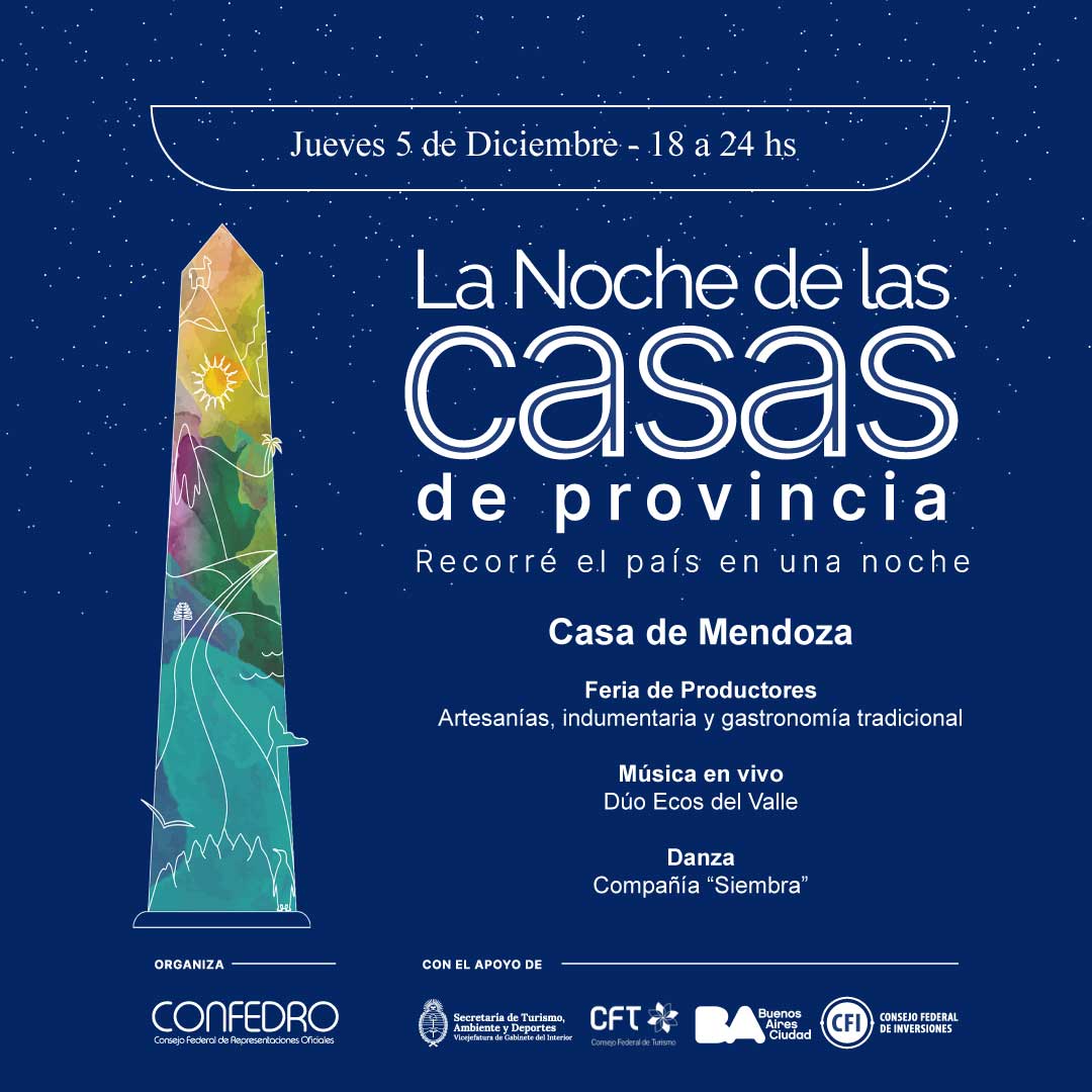 Casa de Mendoza te invita a la Noche mas Federal de las Casas de Provincia.

🗓 05 de diciembre de 18 a 24 hs.
📍 Casa de Mendoza - Av. Callao 445

Te esperamos👆