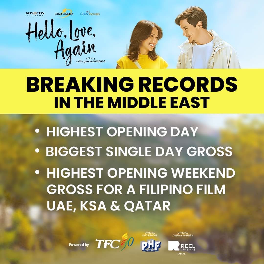 💛 Hello, Love, Again is breaking records and breaking barriers! 💛

Thanks to your incredible support, we've achieved:
✨ Highest Opening Day
✨ Biggest Single Day Gross
✨ Highest Opening Weekend Gross for a Filipino Film in UAE, KSA &amp; Qatar

And here’s the best part—$1.4