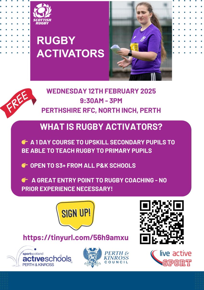 📣 RUGBY ACTIVATORS COURSE

Are you an S3-6 at a Perth &amp; Kinross school looking to get into rugby coaching? 

✅ Sign up for our FREE rugby coaching course in February! Taking place on the in-service day.

👉 tinyurl.com/56h9amxu 👈