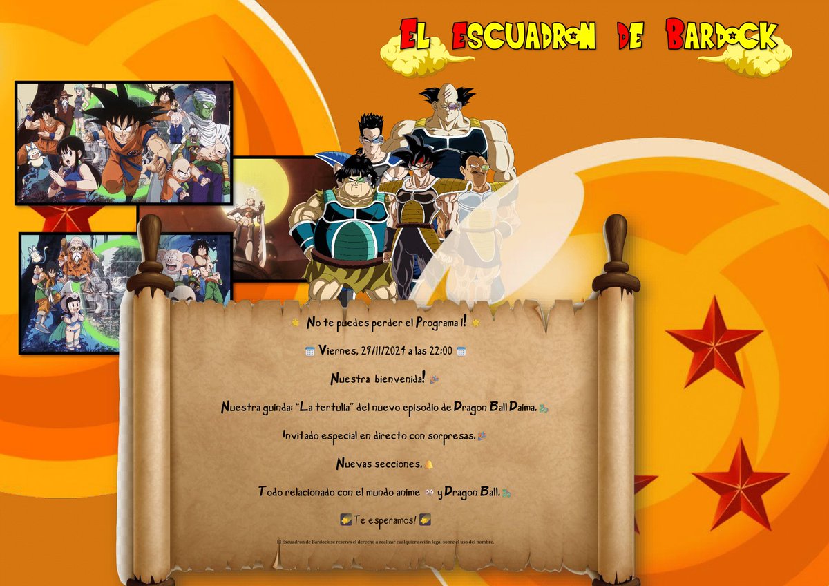 Hoy día DBD y nuestro #Programa_1
Mismos tertulianos, <a href="/mayorkin87/">@thebardocksquad</a>, @davidcarrizo_86, <a href="/GadreelSh/">Quique Bernal Reyes</a>, #Adri1919VCF y <a href="/katron69/">Katron</a>.
Misma hora para que dé tiempo a ver el capítulo de #Dragon_Ball_Daima y comentar todos los detalles en la tertulia.
Bienvenidos a #El_escuadron_de_Bardock