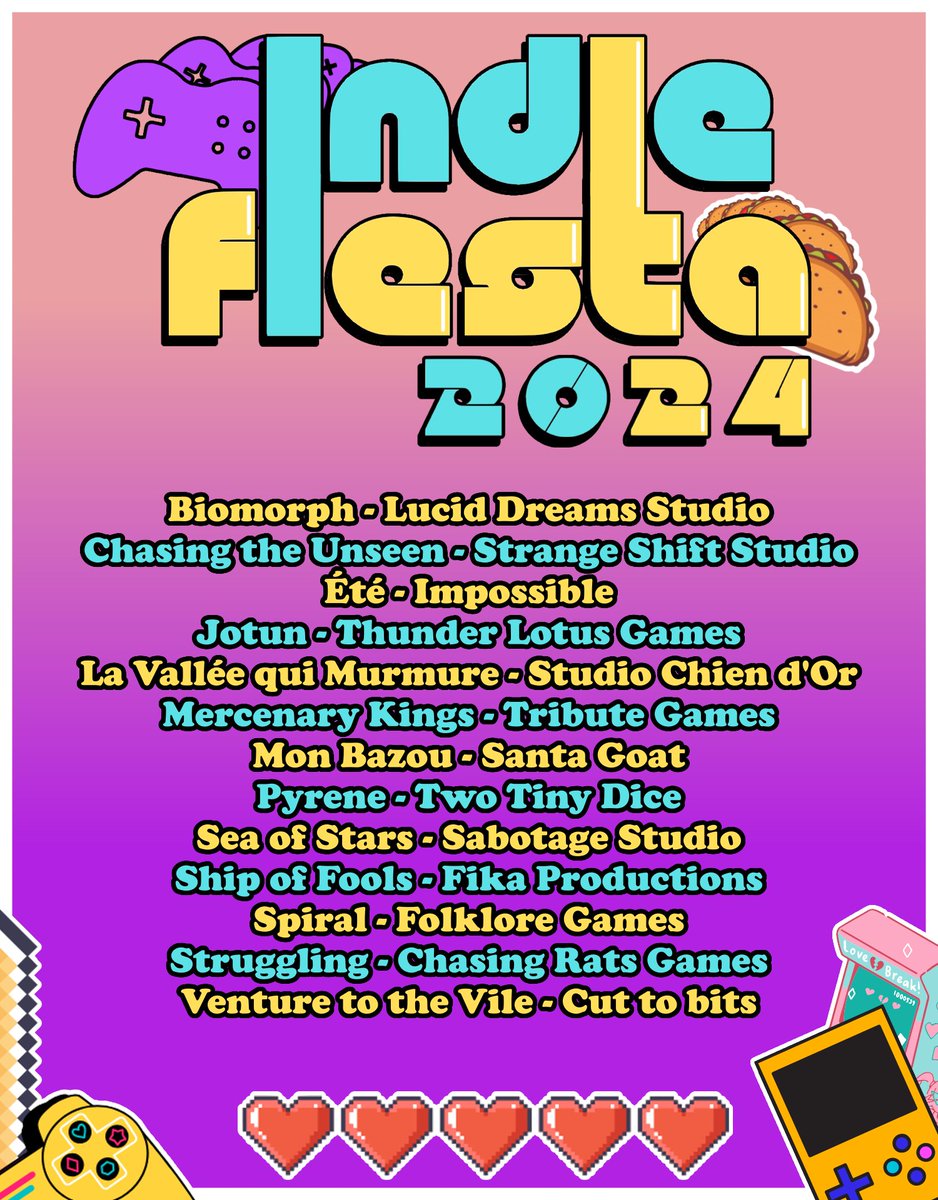 UrgentPigeon - IndieGame Content Creator (@upigeon18) on Twitter photo Indiefiesta 2024 | 20 DÉCEMBRE 2024 À PARTIR DE 18H!
Voici la liste officielle des jeux présentés!
Biomorph - <a href="/ldstudiomtl/">Lucid Dreams Studio 👾 BIOMORPH now on Switch!</a> | Chasing the Unseen - <a href="/strangeshift/">Chasing the Unseen - Out Now</a> | Été - <a href="/impossible_dev/">Été 🍃🎨🎵</a> | Jotun - <a href="/ThunderLotus/">Thunder Lotus</a> | La Vallée qui murmure - Studio Chien d'or ( <a href="/Olivier_Leclair/">Olivier Leclair | Dans l'abîme du rêve</a> ) 1/2 Indiefiesta 2024 | 20 DÉCEMBRE 2024 À PARTIR DE 18H!
Voici la liste officielle des jeux présentés!
Biomorph - <a href="/ldstudiomtl/">Lucid Dreams Studio 👾 BIOMORPH now on Switch!</a> | Chasing the Unseen - <a href="/strangeshift/">Chasing the Unseen - Out Now</a> | Été - <a href="/impossible_dev/">Été 🍃🎨🎵</a> | Jotun - <a href="/ThunderLotus/">Thunder Lotus</a> | La Vallée qui murmure - Studio Chien d'or ( <a href="/Olivier_Leclair/">Olivier Leclair | Dans l'abîme du rêve</a> ) 1/2