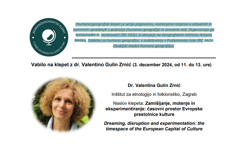 📢 3. 12. ob 11:00 vabljeni na (humano)geografski klepet z dr. Valentino Gulin Zrnić v <a href="/zrcsazu/">ZRC SAZU</a>! Tema: vpliv EPK na urbano prihodnost in afektivni urbanizem.

📍 Lokacija: Gosposka in Križevniška dvorana, ZM GIAM ZRC SAZU

giam.zrc-sazu.si/sl/dogodki/zam…