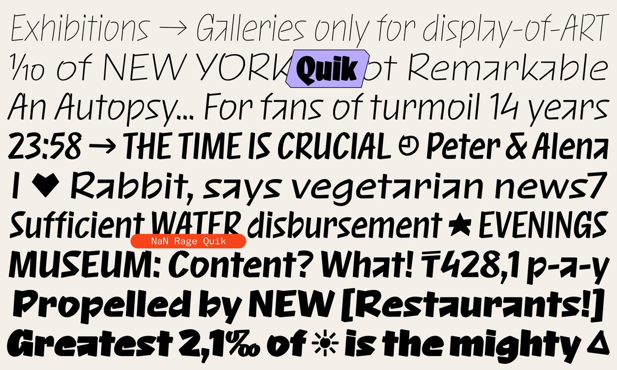 😡 NaN Rage member 6/7 😡

NaN Rage Quik is an unapologetic script font with roots in Sharpie pen lettering and graffiti.

4 widths * 9 weights = 36 Quikies

nan.xyz/fonts/nan-rage…