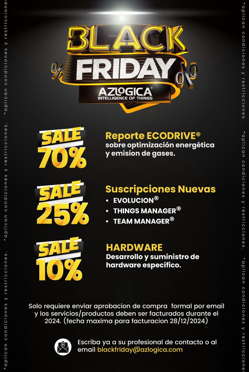 !Hoy es el día! 🖤✨

Black Friday llegó a AZLOGICA.
Obtenga el SELLO ECODRIVE con el 70% de descuento, además de descuentos en desarrollos especializados, hardware y software…

Escríbanos ya a blackfriday@azlogica.com

#BlackFriday #BlackFriday2024