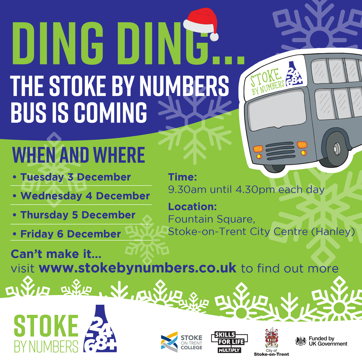 DING, DING! 🛎️🚍

Our bus is back on tour... <a href="/SOTCollege/">Stoke on Trent College</a>, in partnership with <a href="/SoTCityCouncil/">Stoke-on-Trent CC</a> is inviting residents to improve their numeracy skills ahead of the festive season, by hopping aboard the bus this week.

To find out more, visit stokebynumbers.co.uk
