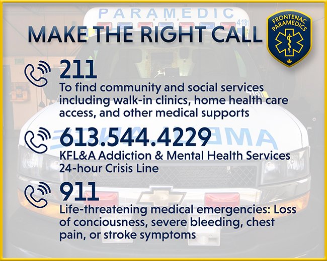 Frontenac Paramedics (@fpsparamedics) on Twitter photo We're here when you need us. Still, you can help reduce demand pressure on paramedics and colleagues in the emergency department by making the right call. See 221.ca, amhs-kfla.ca, and rightplacerightcare.ca.
#YGK <a href="/KingstonHSC/">KingstonHSC</a> <a href="/211Ontario/">211 Ontario</a> <a href="/amhskfla/">amhskfla</a> We're here when you need us. Still, you can help reduce demand pressure on paramedics and colleagues in the emergency department by making the right call. See 221.ca, amhs-kfla.ca, and rightplacerightcare.ca.
#YGK <a href="/KingstonHSC/">KingstonHSC</a> <a href="/211Ontario/">211 Ontario</a> <a href="/amhskfla/">amhskfla</a>