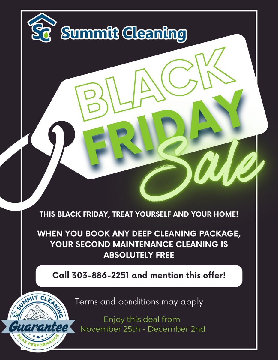 SummitCleanning's tweet image. 🎉 Black Friday Sale! 🎉

New clients get a FREE maintenance cleaning with any deep cleaning! 🧼 Curious what a pro cleaning can do for your home? Now’s the time to find out! 🏔️

Don’t miss the biggest sale of the year—book today! 💥