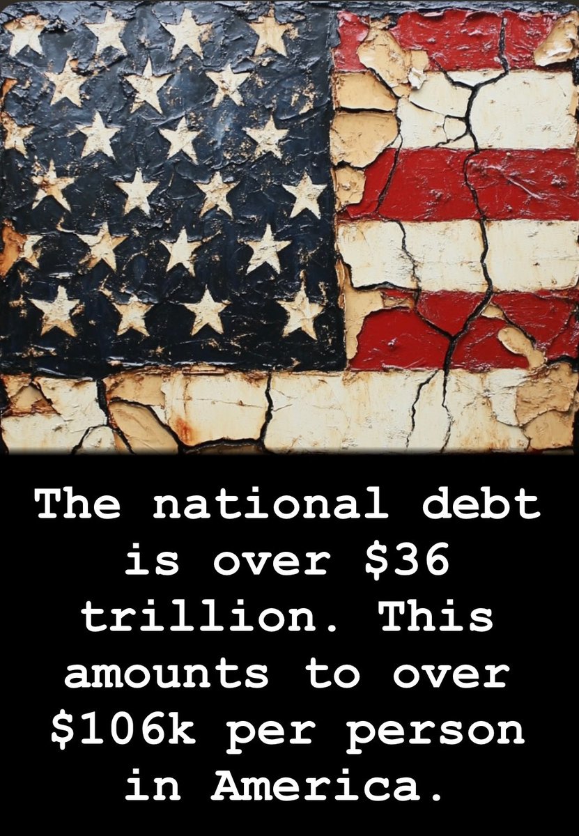 NNycems66447's tweet photo. The national debt is over $36 trillion. This amounts to over $106k per person in America. #DOGE #USDebt #FiscalFuture #DebtTalk #NationalDebt #vivekramaswamy #Elonmusk #money #debt
#USANationalDebt #DebtCrisis #FiscalPolicy https://t.co/PTg6hngbF5