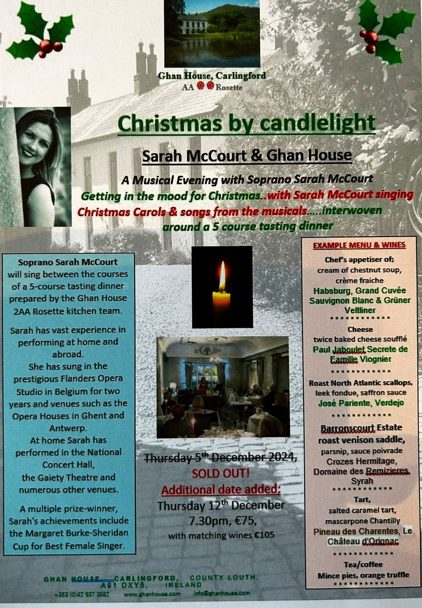 Get in the mood for Christmas!

1st one sold out - 2nd one few places left …..Thursday 12th December;
#ChristmasbyCandlelight 

For more info ➡️ghanhouse.com