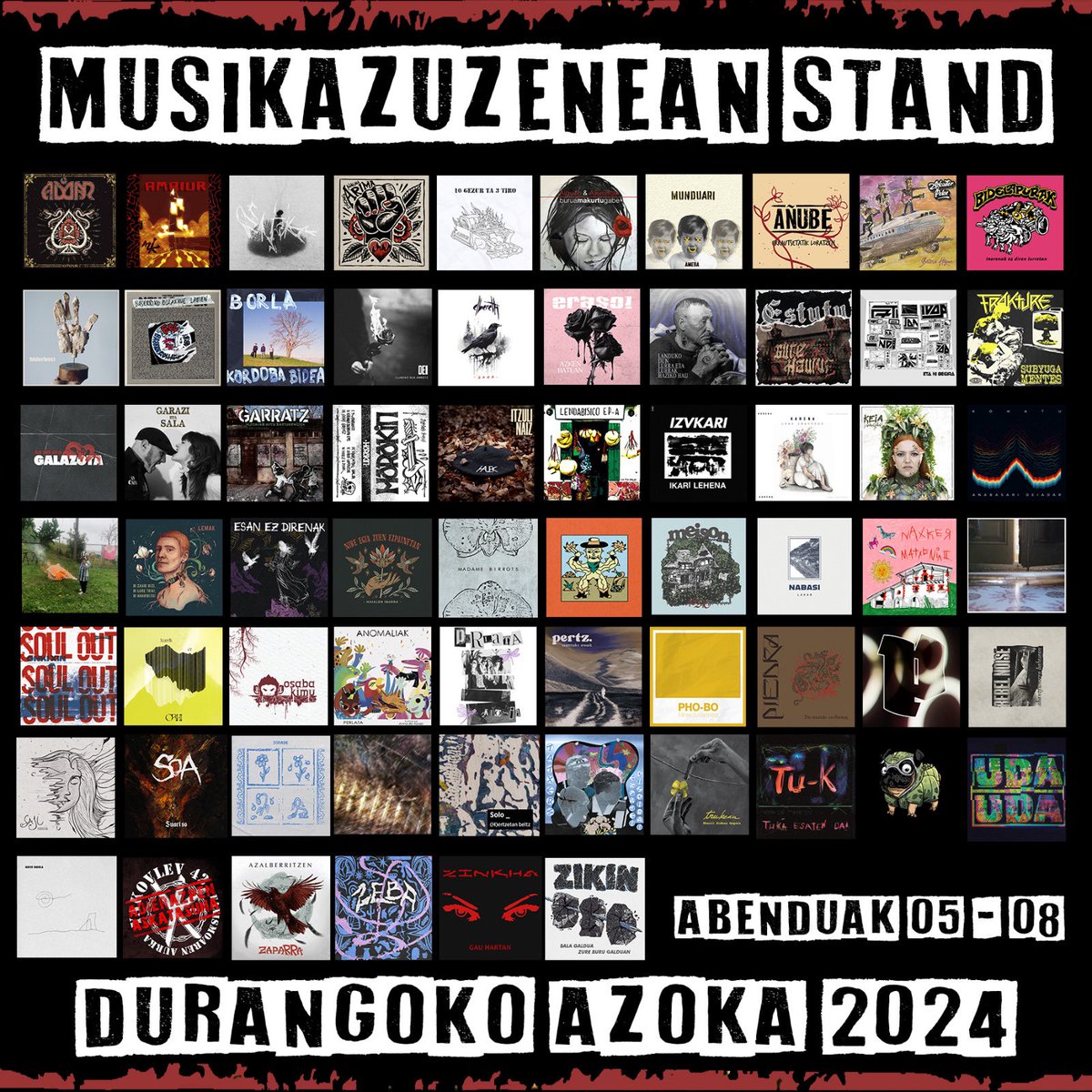 MUSIKA ZUZENEAN 
DURANGOKO AZOKA
STAND  2024
Talde eta disko zerrenda

2024 honetan argitaratu diren 66 disko aukeran gure Standean!
abenduak 5-8 Landako gunean, Durangon!
musikazuzenean.eus/durangoko-azok…