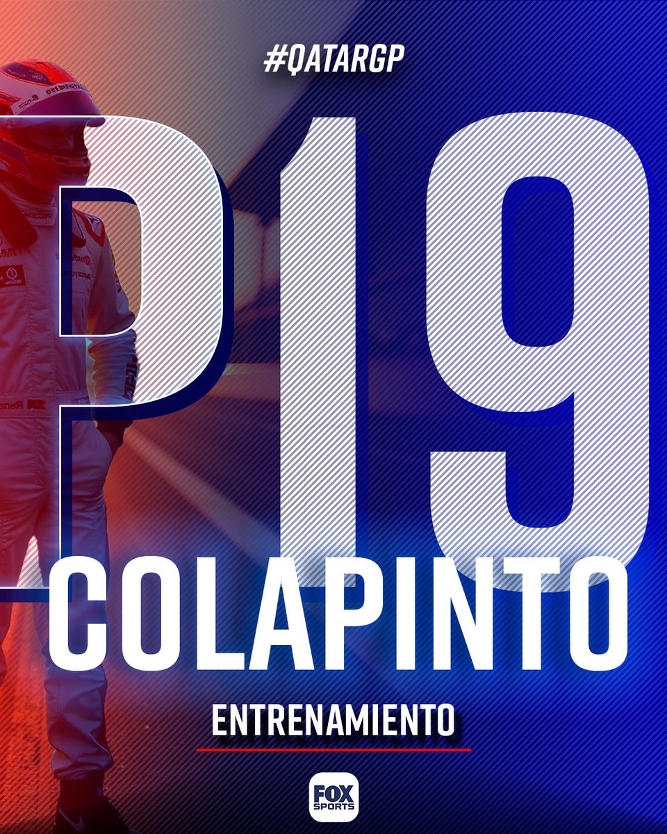 #F1xFoxSports | Franco Colapinto culminó en el Puesto 19 del único entrenamiento del #QatarGP 🇶🇦

Las 2 carreras del año que quedan de la Fórmula 1 con @francolapinto vivilas en vivo en <a href="/TelemetricoF1/">TELEMETRICO | Adrian Puente F1 - Oficial -</a> junto a <a href="/puenteadrian/">Adrian Puente (Oficial)</a>, <a href="/aagulla/">alejandra agulla</a> y <a href="/f1andersen/">Florencia Andersen</a> en la pantalla de Fox Sports.