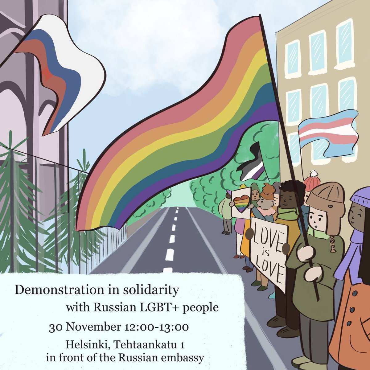 Huomenna tulee vuosi siitä kun Venäjä julisti "LGBT":n ekstremistiseksi. Solidaarisuusmielenosoitus Venäjän seksuaalivähemmistöille huomenna Venäjän suurlähetystöllä klo 12:00. 
facebook.com/photo/?fbid=17…