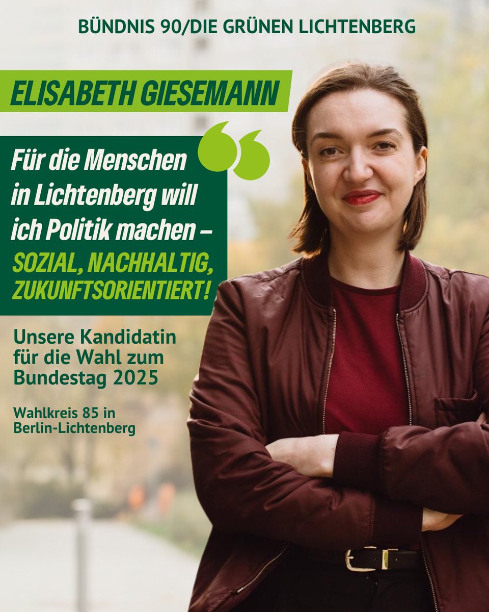 🌻 Elisabeth Giesemann 🌻 ist unsere #Direktkandidatin für die #Bundestagswahl! 

Mit großer Mehrheit wurde Elisabeth auf unserer Mitgliederversammlung am vergangenen Dienstag gewählt.

Unsere Pressemitteilung findet Ihr auf unserer Homepage unter gruene-lichtenberg.de/kreisverband/p…