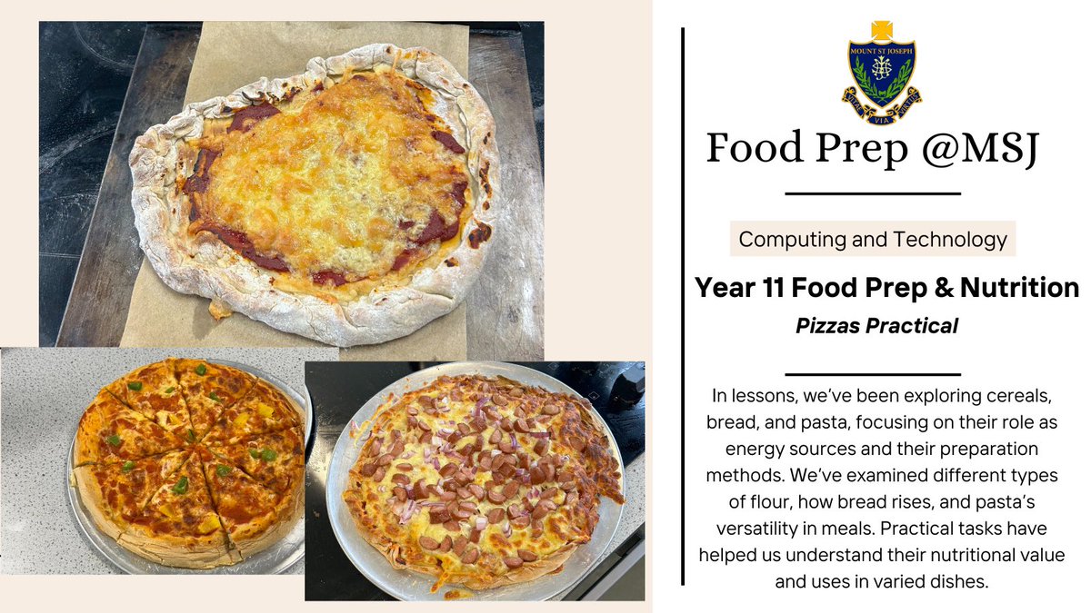 Some excellent examples of high-fibre pizzas from our Year 11s! Their fantastic doughs were prepared 24 hours in advance to allow the bread to rise thoroughly. Excellent results! #MSJ #FoodPrep #Cereals #Carbohydrates
