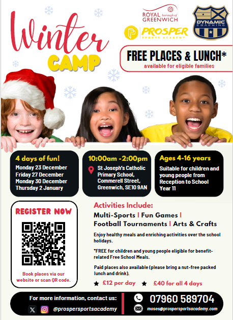 StJosephsSE10's tweet photo. Winter HAF programme happening at St Joseph's SE10. Open to all 4-16 year olds in the local area. Book your spaces now! https://t.co/tio802h2o1
@DynamicCoachUK
@Prospersports_
@Royal_Greenwich
#hafprogramme #winterfun https://t.co/xNQJWs9y0K