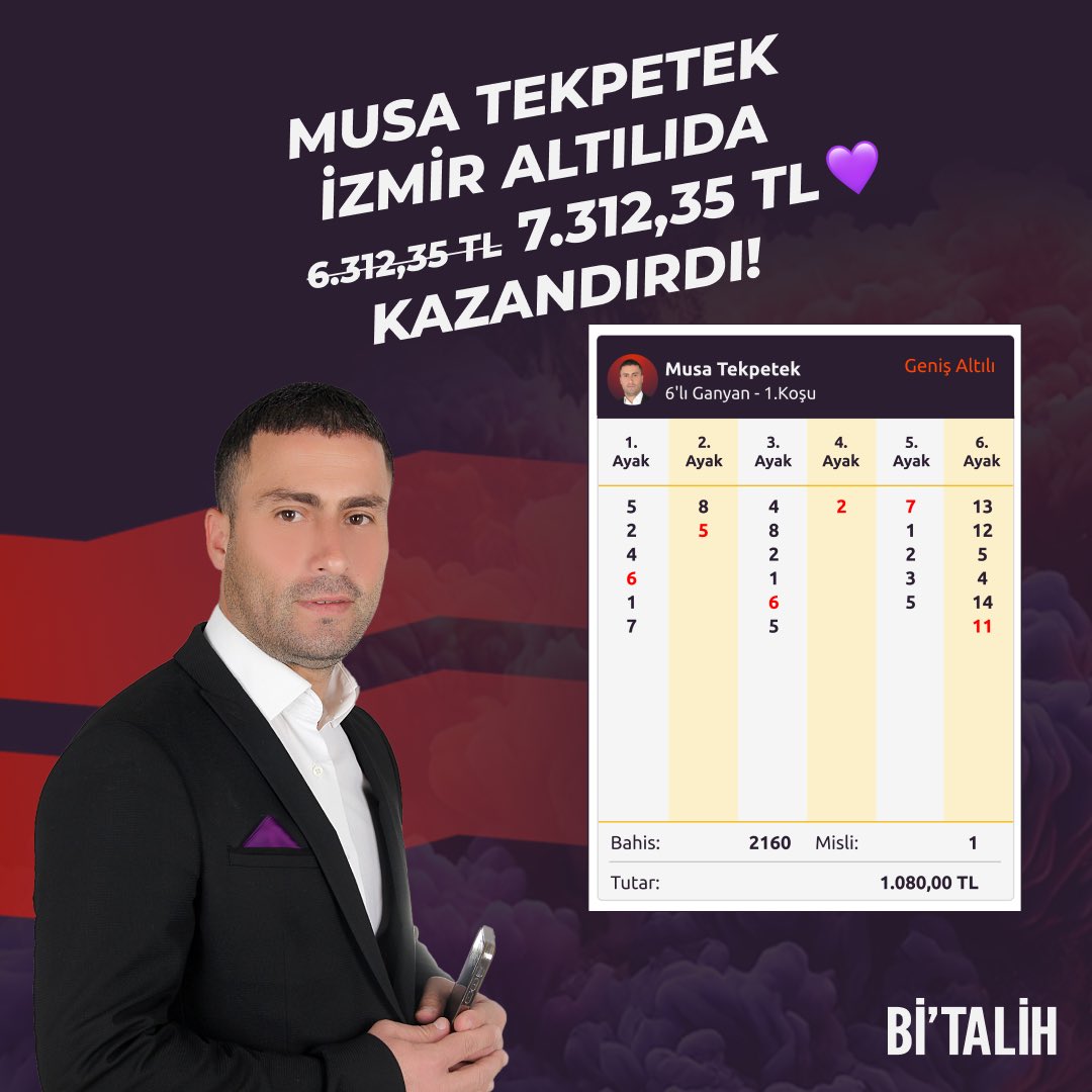 bitalih_tr's tweet photo. 6'lı GELDİ 6'lı!💪🏻

💰 Musa Tekpetek ve Yusuf Kaan Gürsoy İzmir’de 6.312,35 TL... pardon 7.312,35 TL tutturdu!

Musa Tekpetek ve Yusuf Kaan Gürsoy’un hazır kuponuna oynayan Bi'Talih üyeleri %33 daha fazla kazandı💜

📲https://t.co/HJsAT9WtYA https://t.co/ddOPsXlrPP