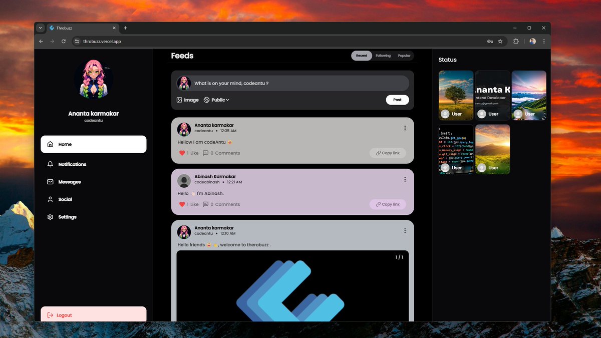 codeAntu's tweet image. 🚀 Built a Social Media Website with Next.js!
👉 throbuzz.vercel.app  
✨ Features: Post, like, comment, edit, follow, feed, profile edit , OTP signup, responsive UI, theme switching.
🛠 Tech: Axios, MongoDB, Zustand, Framer Motion & more.
Fast, functional, user-friendly! 🙌