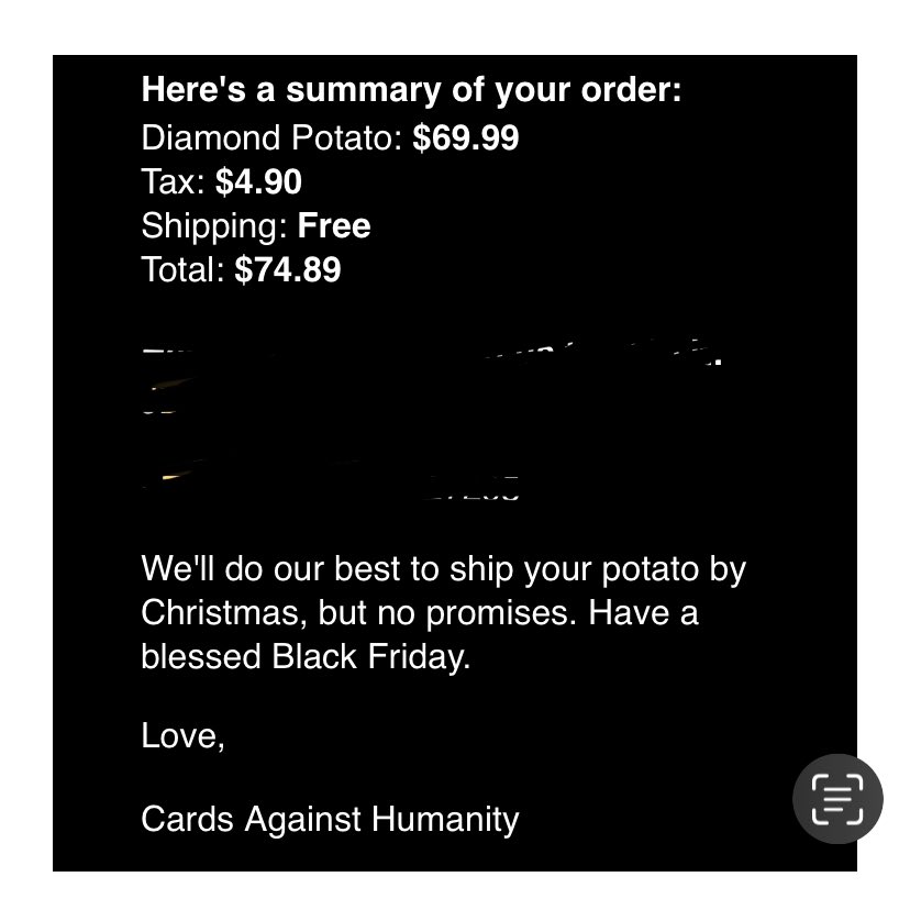 squeek93's tweet image. Did I spend $70 on a potato?
Shut up and take my money @CAH
#blackfriday
#gooddecisions
