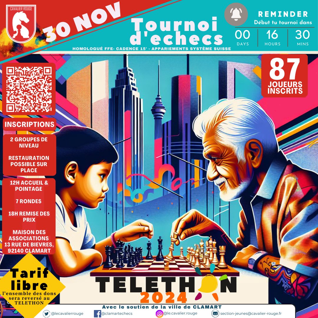 TudutTuduuutTuDuuut!!! Plus que 16h30 avant le début du tournoi  #Telethon  ! 🕰️♟️
Affûtez vos pions et surtout, n'oubliez pas de faire un don !
Venez jouer, donner et soutenir une belle cause ! 💪❤️
#Téléthon2024 #echecs #DonnerCestGagner #EchecEtMatPourLaBonneCause